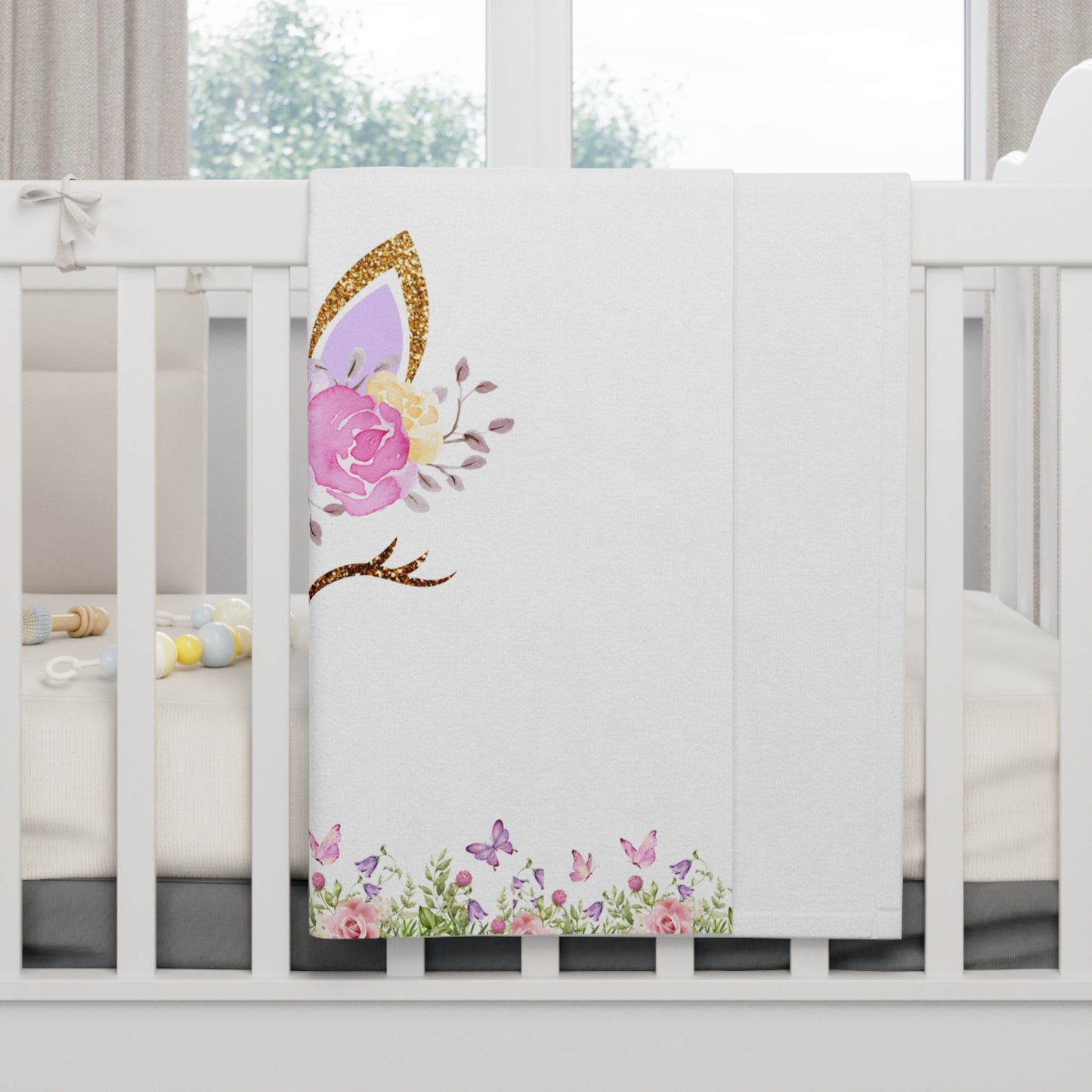 Personalized Baby Blanket | Unicorn Floral Fleece Custom Name in White