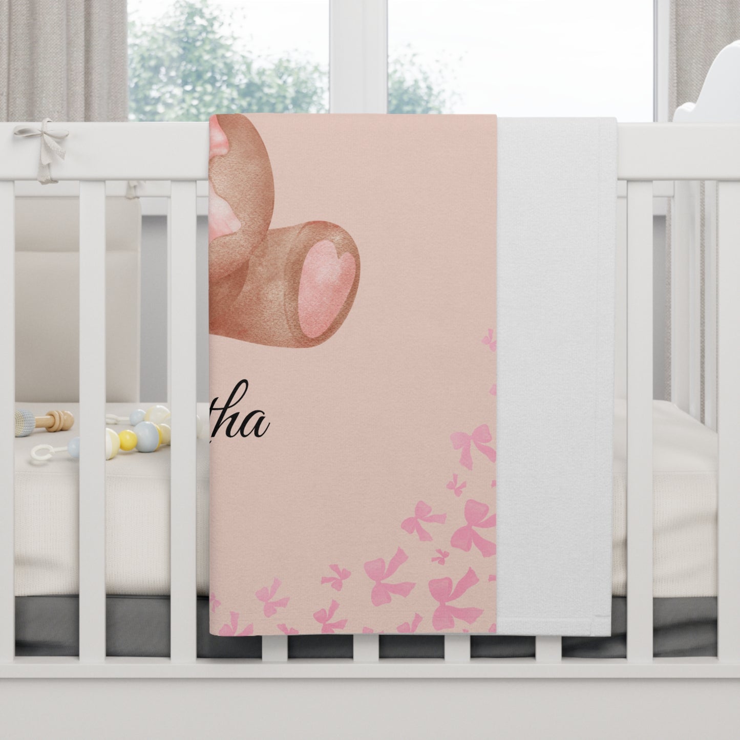Personalized Teddy Bear Baby Blanket — Soft Pink Fleece with Name