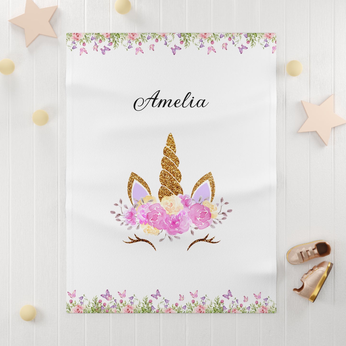 Personalized Baby Blanket | Unicorn Floral Fleece Custom Name in White