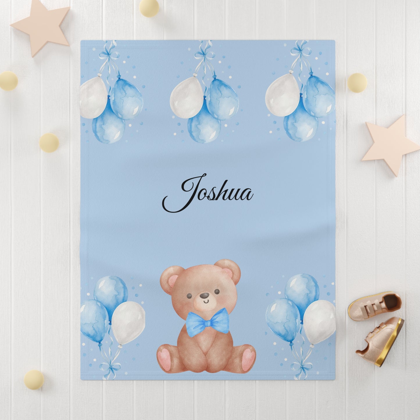 Blue Teddy Baby Blanket — Soft Fleece Newborn Blanket with Balloons (Baby Shower Gift)