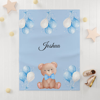 Blue Teddy Baby Blanket — Soft Fleece Newborn Blanket with Balloons (Baby Shower Gift)