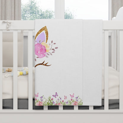 Personalized Baby Blanket | Unicorn Floral Fleece Custom Name in White