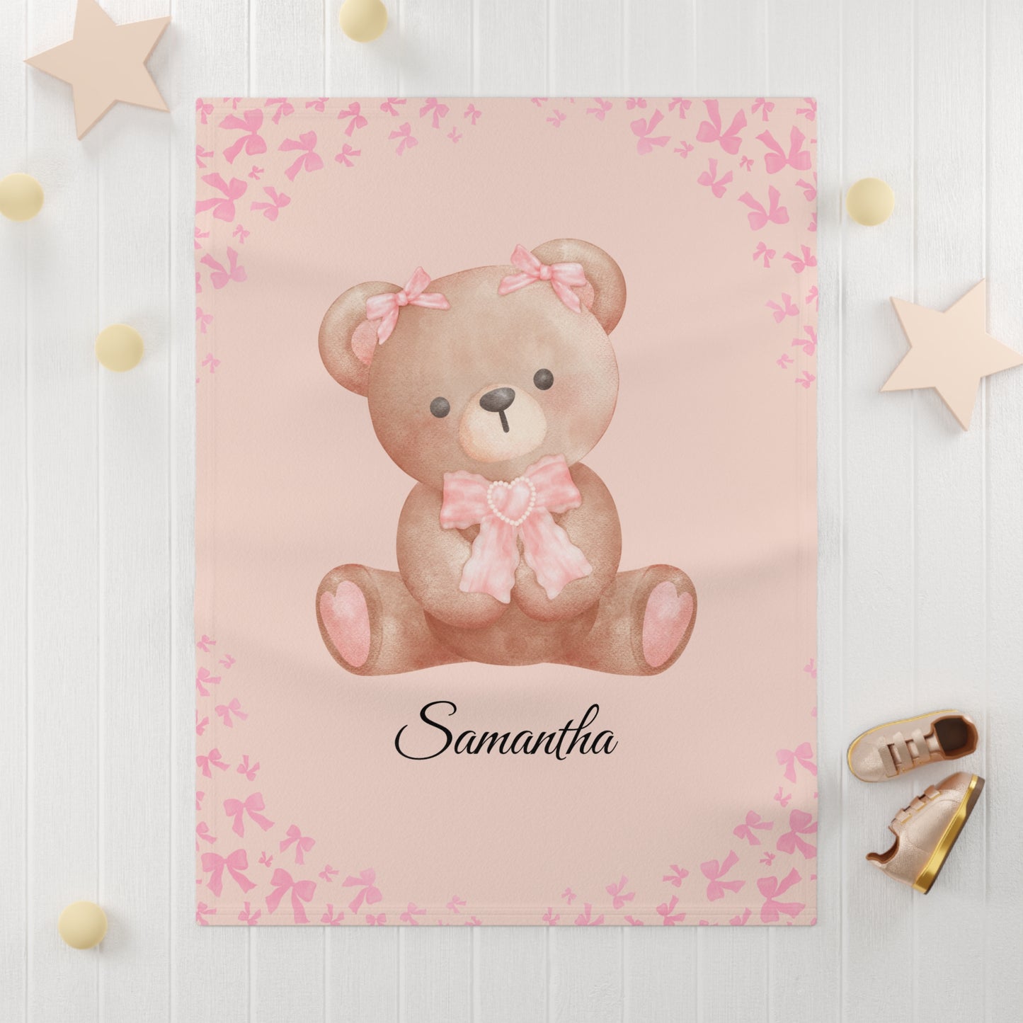 Personalized Teddy Bear Baby Blanket — Soft Pink Fleece with Name