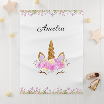 Personalized Unicorn Baby Blanket — Custom Name Floral Fleece Blanket for Girls