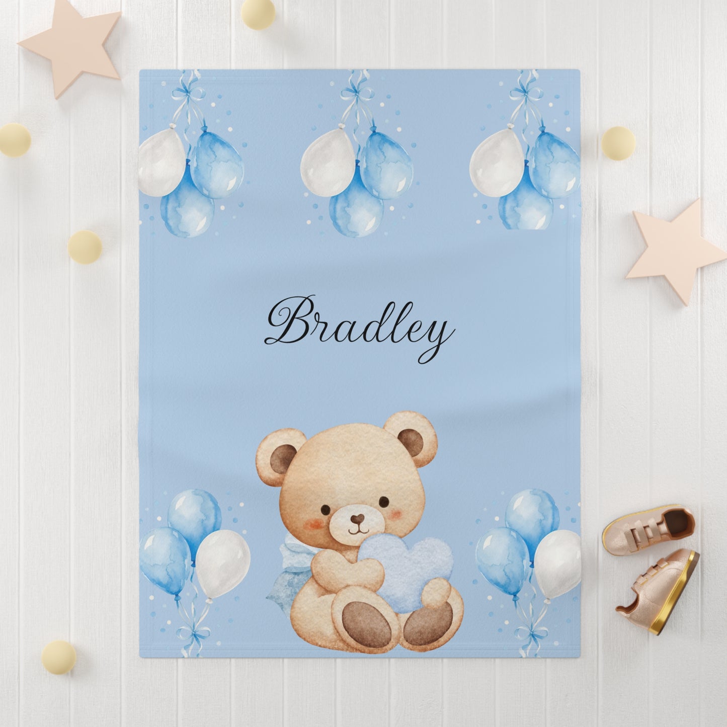 Personalized Baby Blanket - Blue Teddy Bear with Name (Custom Newborn Gift)