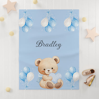 Personalized Baby Blanket - Blue Teddy Bear with Name (Custom Newborn Gift)