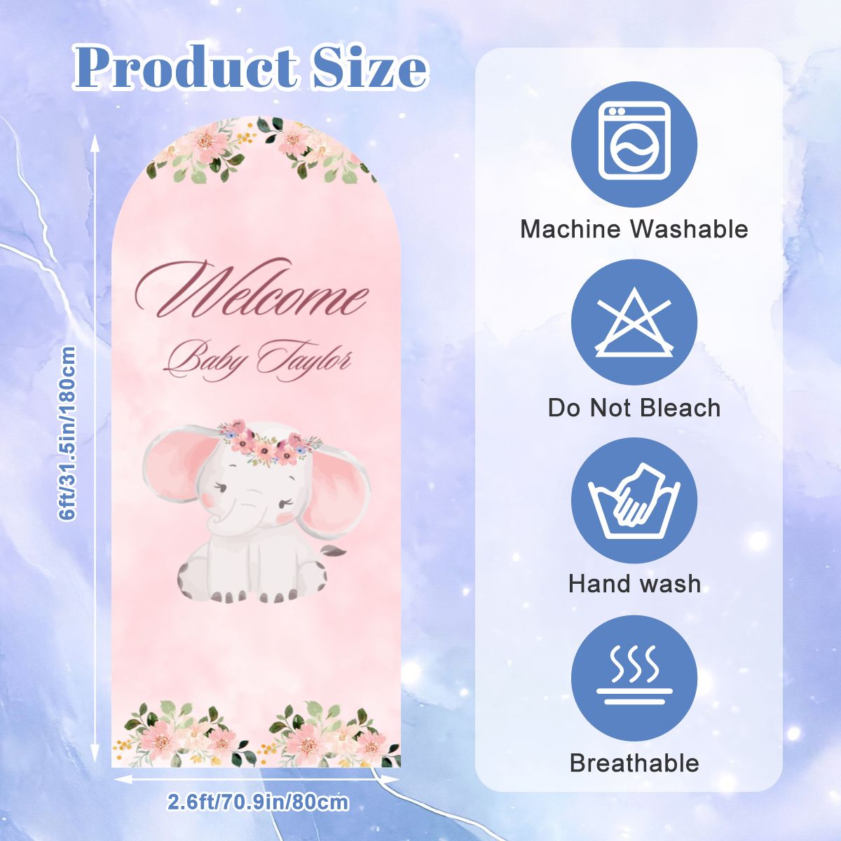 Arched Backdrop Cover | Elephant Baby Girl Custom Baby Name Sign
