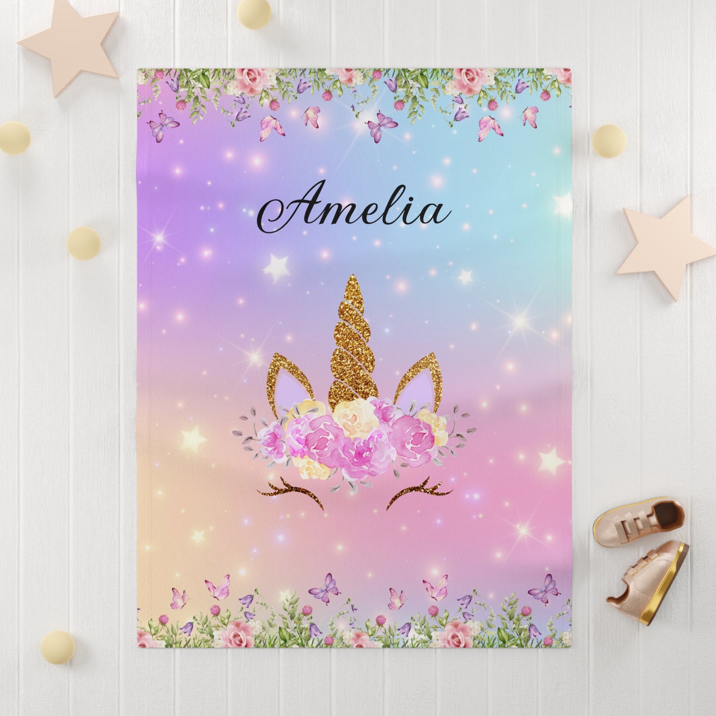 Personalized Unicorn Baby Blanket – Soft Fleece Name Blanket for Girls, Pastel Rainbow Floral Design