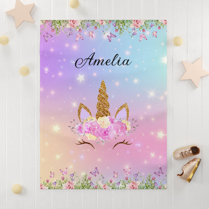 Personalized Unicorn Baby Blanket – Soft Fleece Name Blanket for Girls, Pastel Rainbow Floral Design