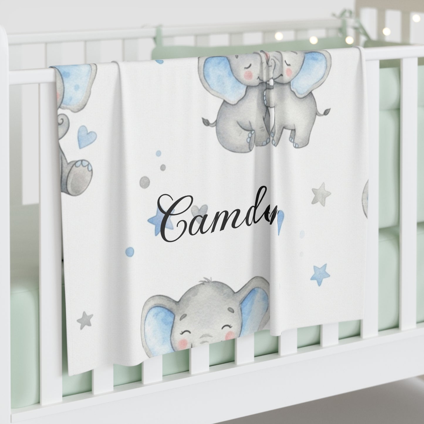 Personalized Baby Swaddle Blanket – Blue Elephant Newborn Name Blanket