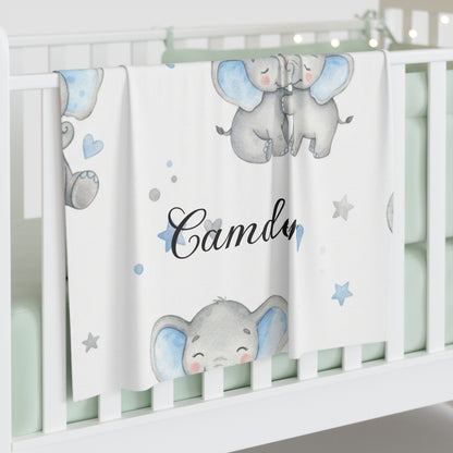 Personalized Baby Swaddle Blanket – Blue Elephant Newborn Name Blanket