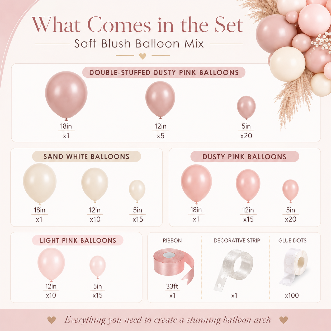 136-Piece Boho Balloon Arch Kit –  Rose, Blush Pink & White