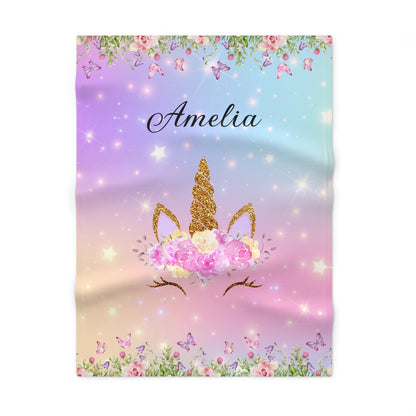Personalized Unicorn Baby Blanket – Soft Fleece Name Blanket for Girls, Pastel Rainbow Floral Design