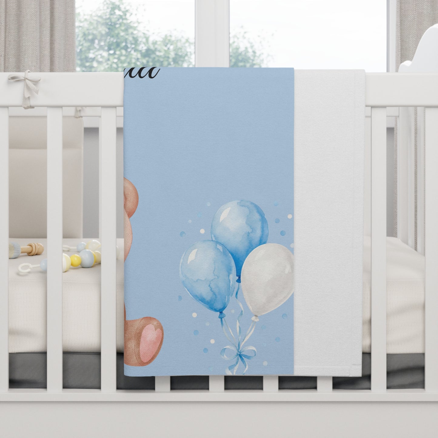Blue Teddy Baby Blanket — Soft Fleece Newborn Blanket with Balloons (Baby Shower Gift)