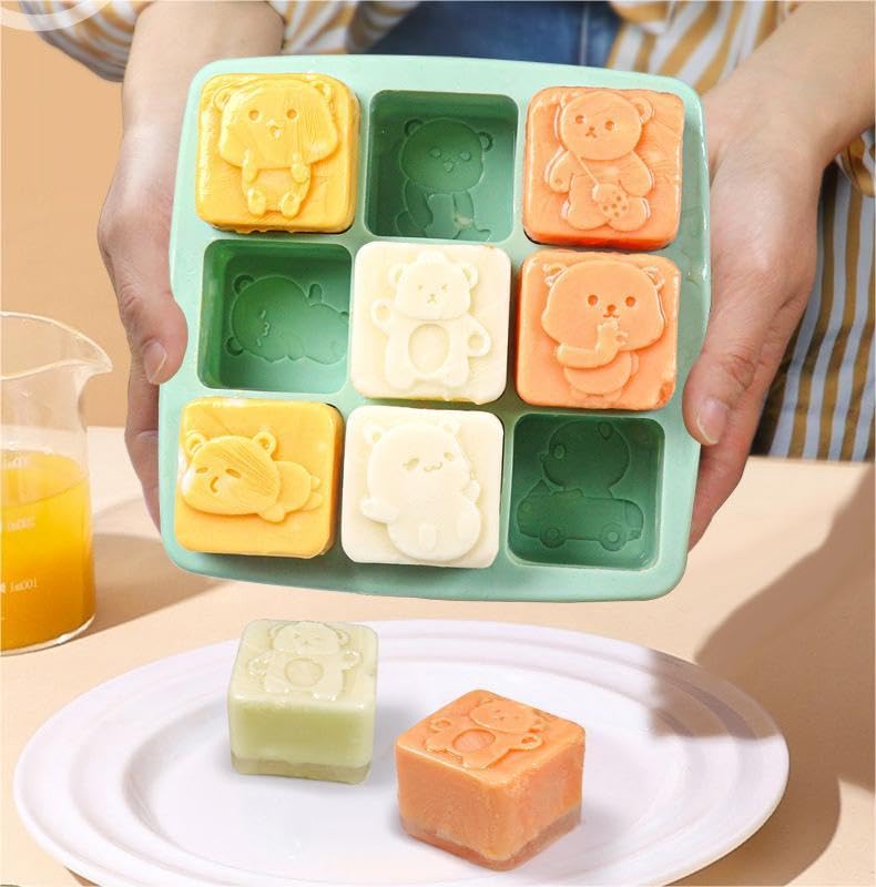 Bear Paws- Silicone Ice Cube Tray for Freezer Cute Bear-themed Baby Food Freezer Tray with Lid BPA-Free Perfect for Homemade Baby Food Vegetables Fruit Purees and Breast Milk (9 slots each 1 ounce)