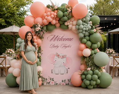 Arched Backdrop Cover | Elephant Baby Girl Custom Baby Name Sign