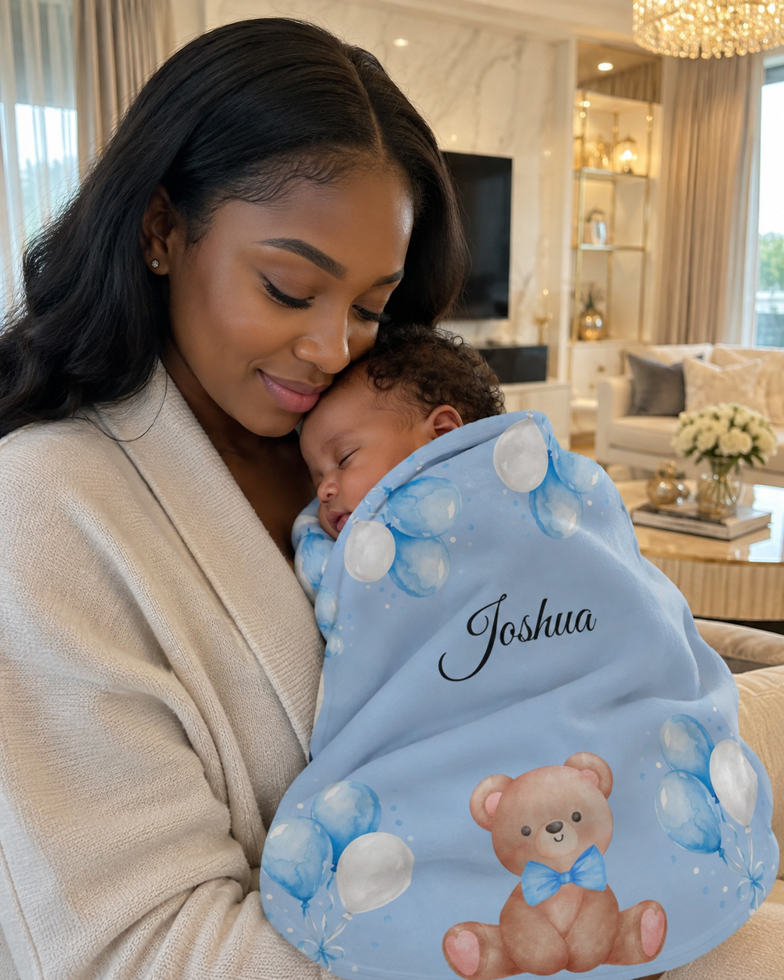 Blue Teddy Baby Blanket — Soft Fleece Newborn Blanket with Balloons (Baby Shower Gift)