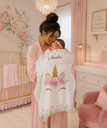 Personalized Unicorn Baby Blanket — Custom Name Floral Fleece Blanket for Girls