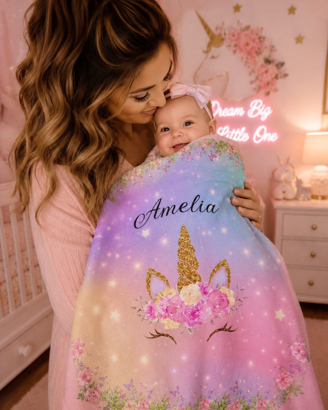 Personalized Unicorn Baby Blanket – Soft Fleece Name Blanket for Girls, Pastel Rainbow Floral Design