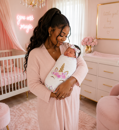 Baby Swaddle Sack with Baby Headband Unicorn Baby Set In White