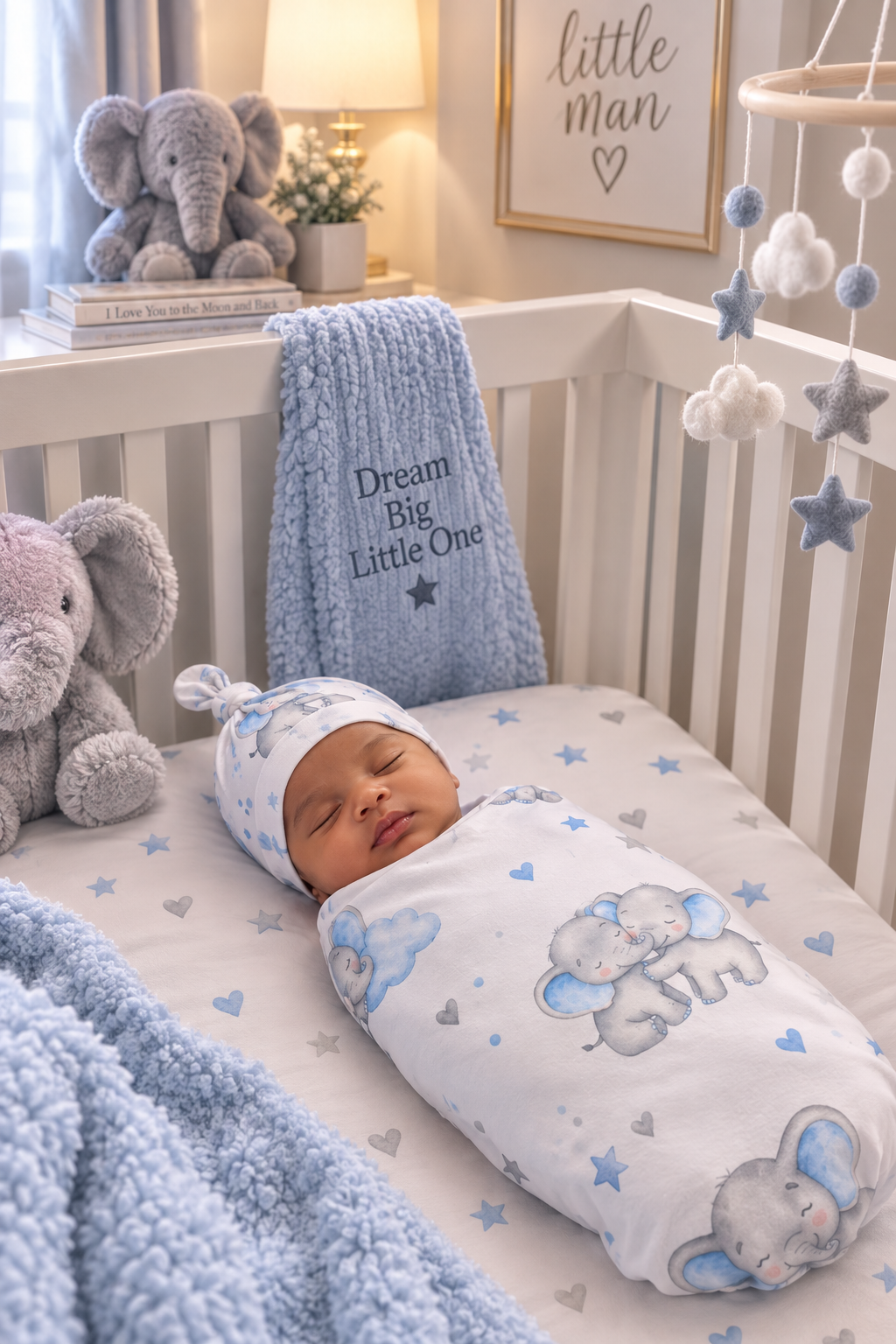 Elephant Baby Swaddle Sack & Top Knot Hat Set | Customizable Newborn Gift (3–24 Months)