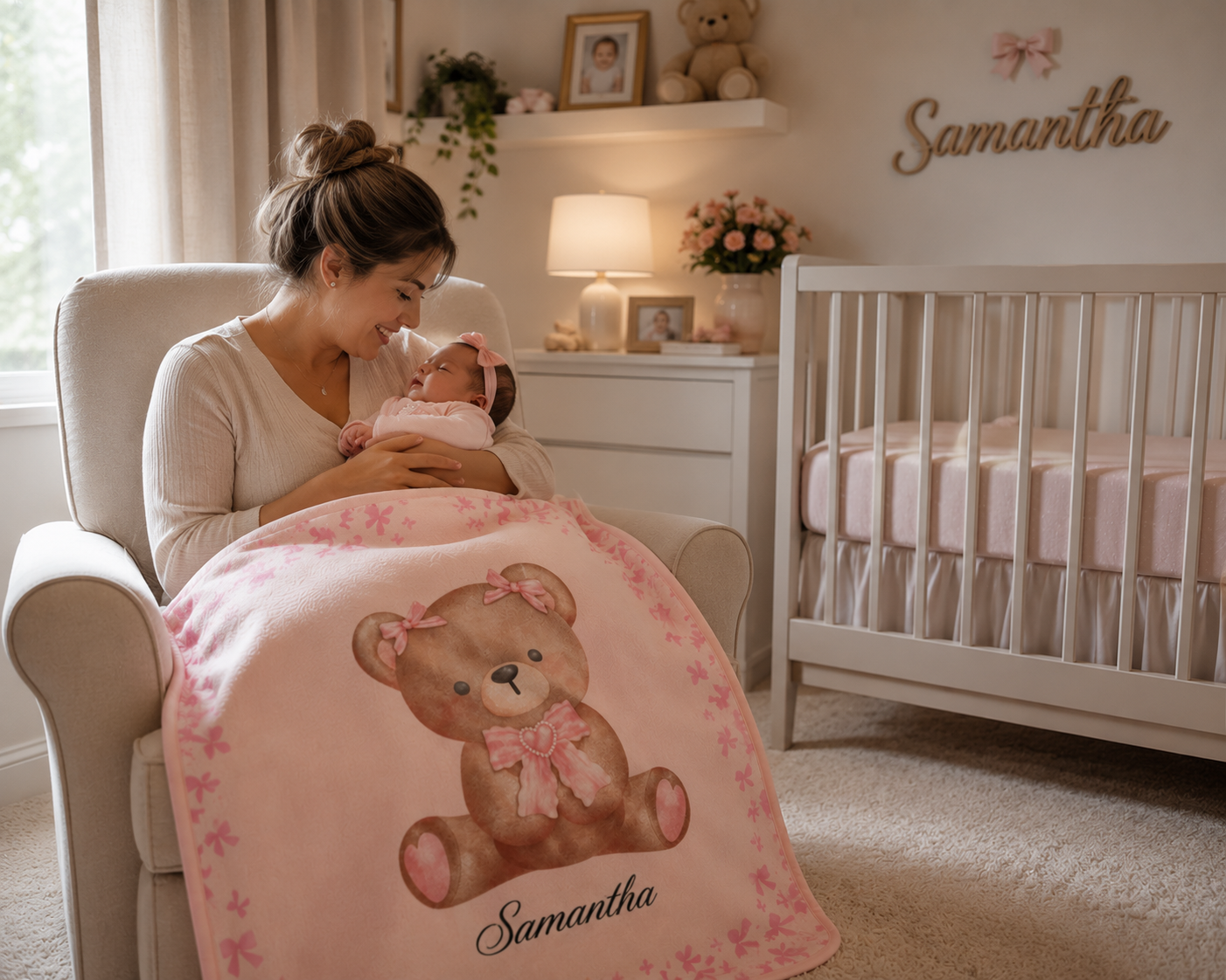 Personalized Teddy Bear Baby Blanket — Soft Pink Fleece with Name