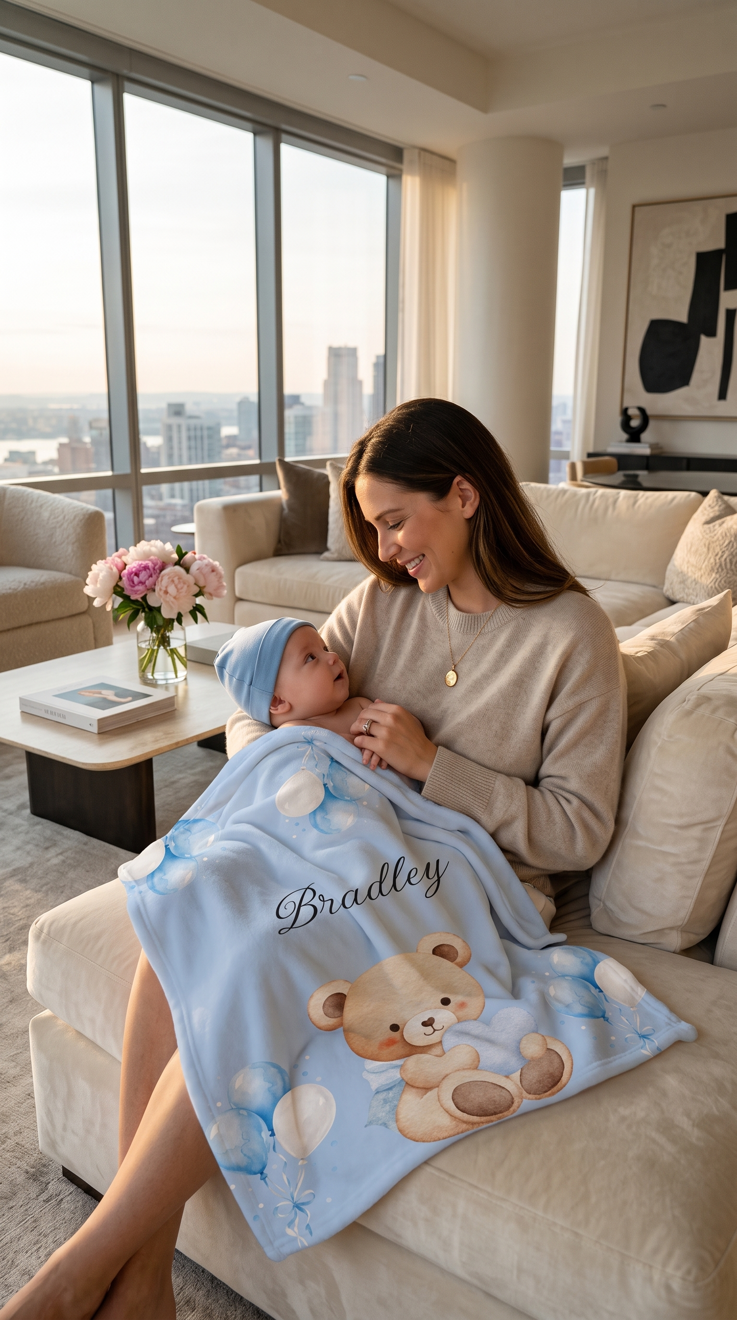 Personalized Baby Blanket - Blue Teddy Bear with Name (Custom Newborn Gift)
