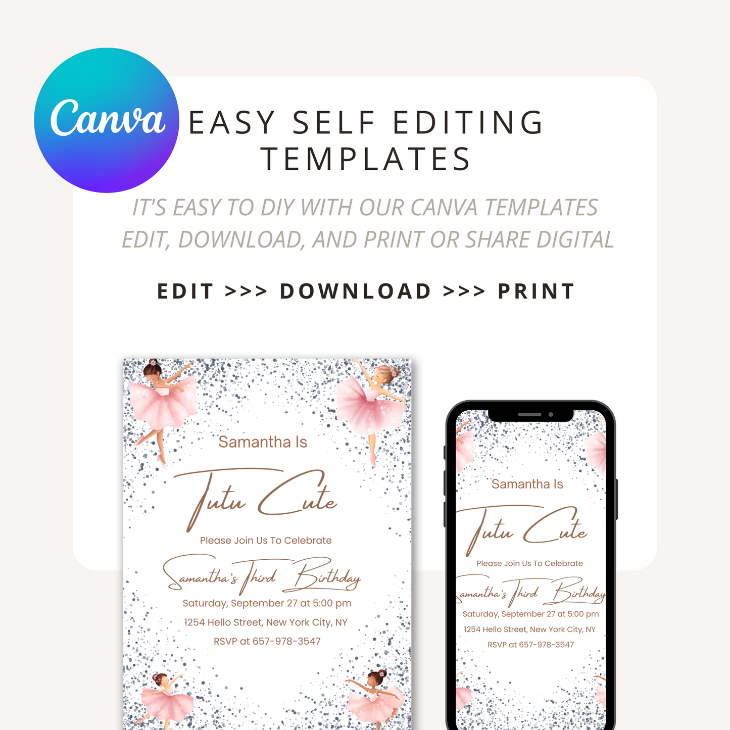 Ballerina Digital Invitation | Editable Pink Ballet Birthday Invite