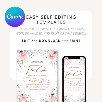 Ballerina Digital Invitation | Editable Pink Ballet Birthday Invite