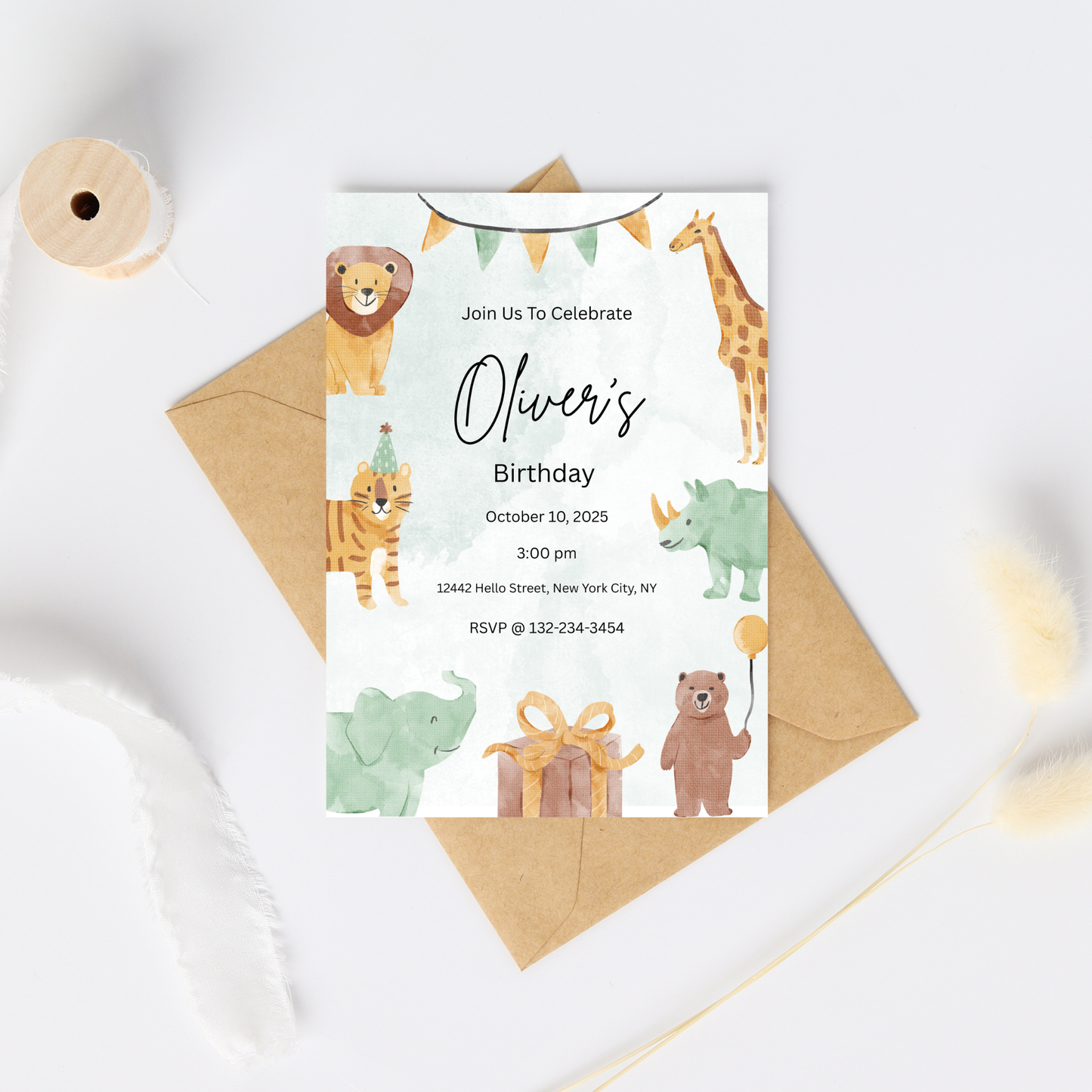 Animal Adventure Digital Birthday Invitation | Watercolor Zoo Party