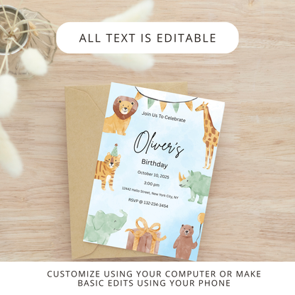 Animal Adventure Digital Birthday Invitation | Watercolor Zoo Party