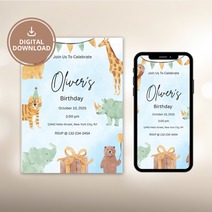Animal Adventure Digital Birthday Invitation | Watercolor Zoo Party