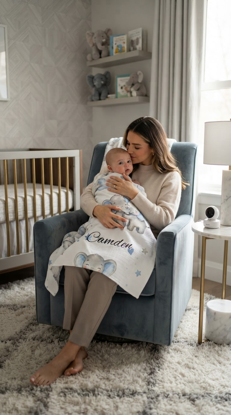 Personalized Baby Swaddle Blanket – Blue Elephant Newborn Name Blanket