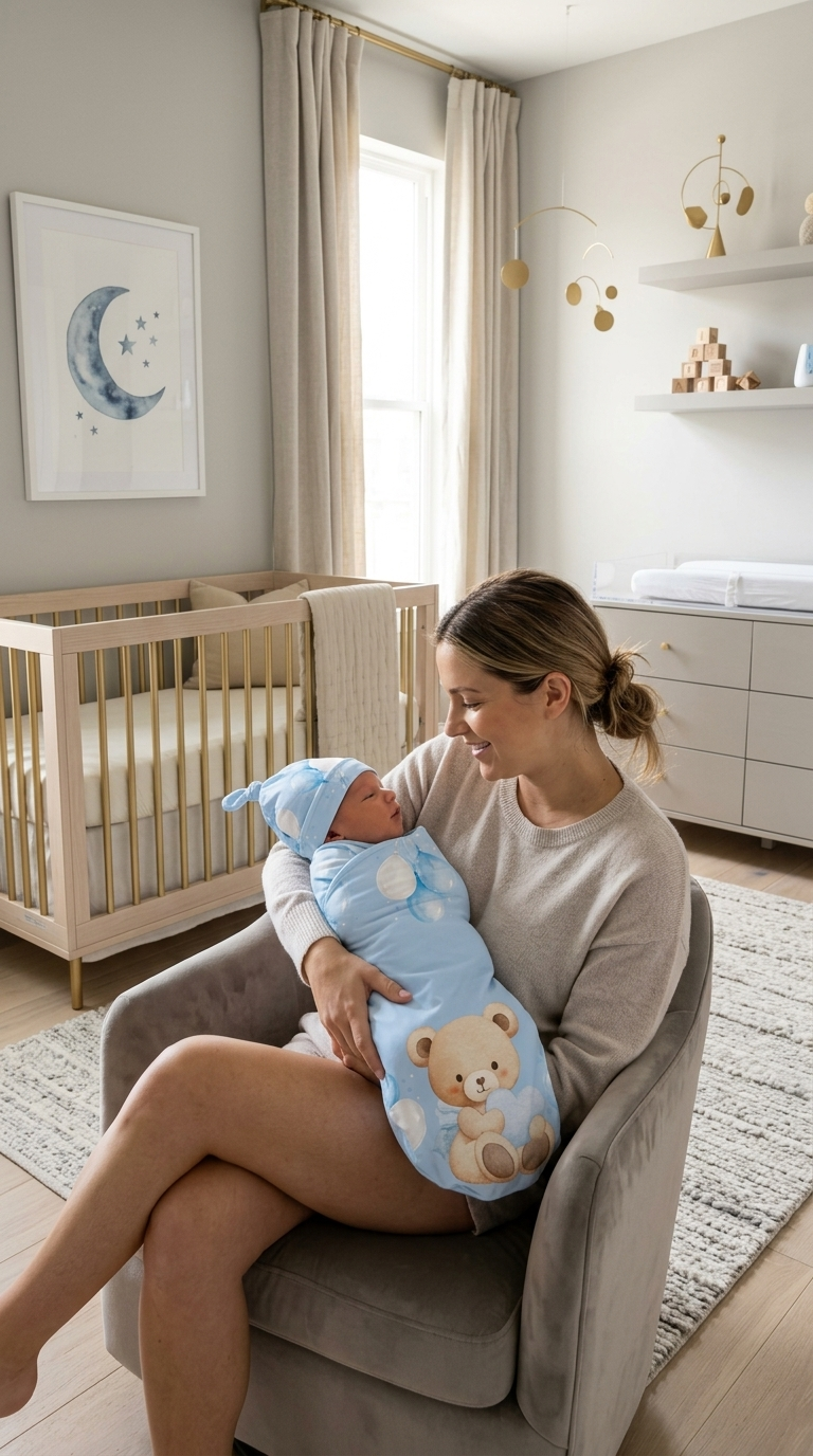 Custom Baby Swaddle Sack with Bear Hat | Personalized Newborn Swaddle Blanket